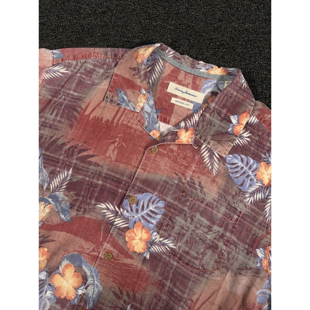 Tommy Bahama Hawaiian Camp Shirt Mens XL 100%‎ Silk Floral Loop Collar Tropical